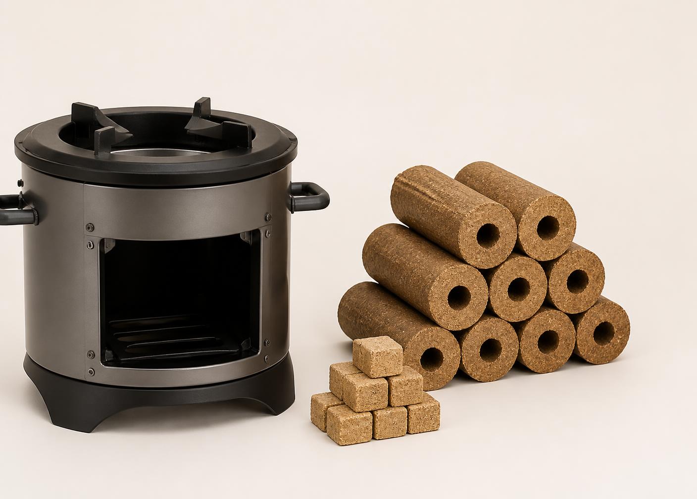 Improved cookstove shown alongside fuel briquettes and firelighter cubes