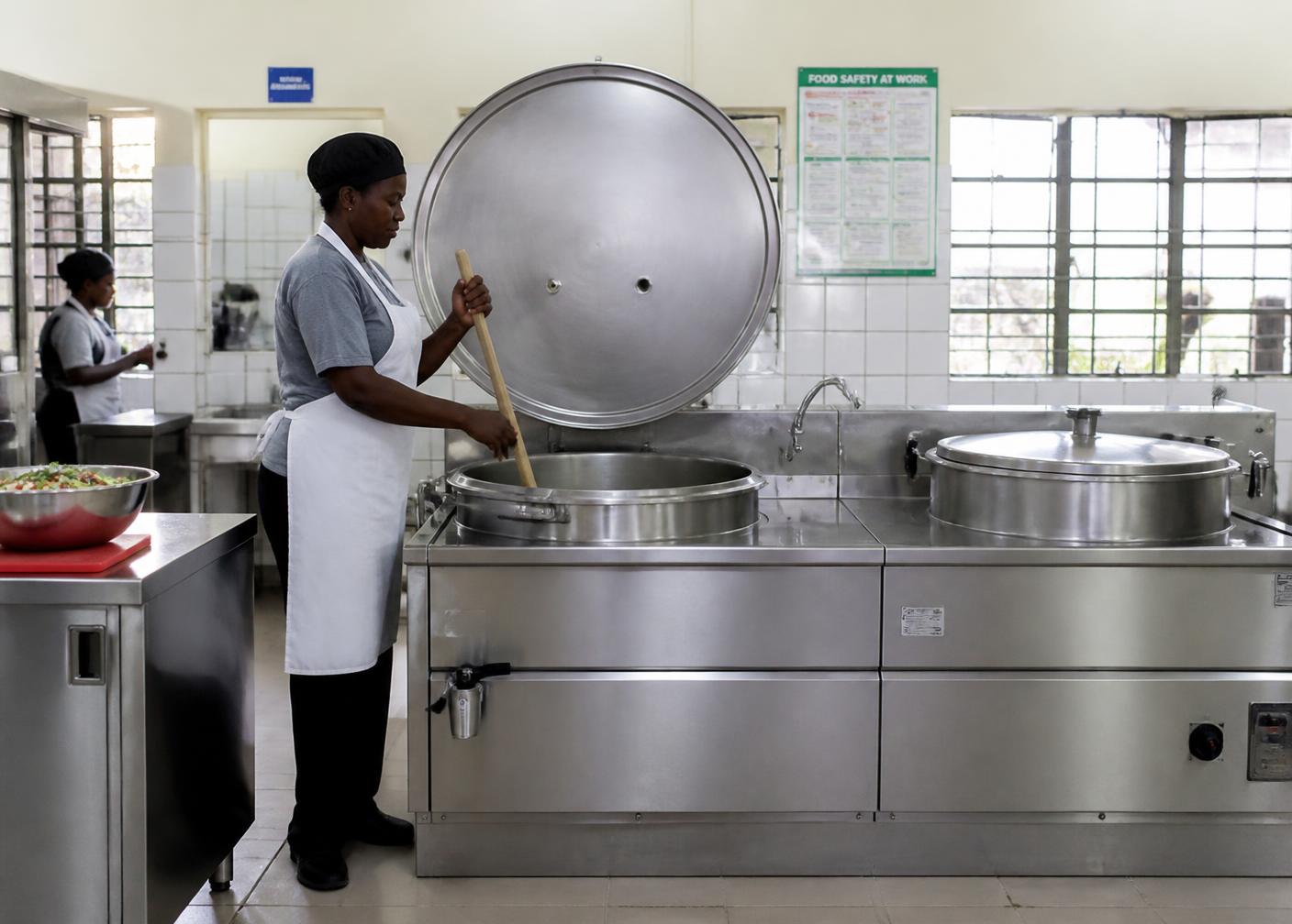 Institutional kitchen with large efficient cooking boilers in use